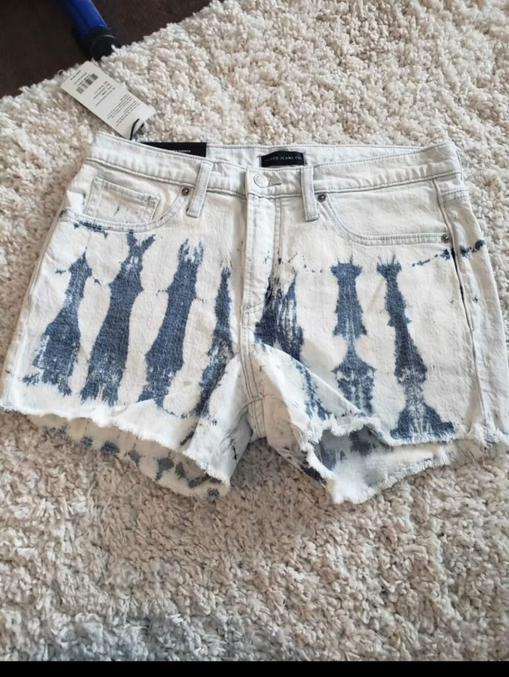 Silver Jeans White Denim Shorts with Navy Tie-Dye Stripes